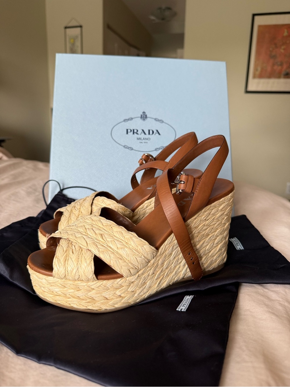 Prada Women's Tan Leather & Natural Raffia Wedge Sandals